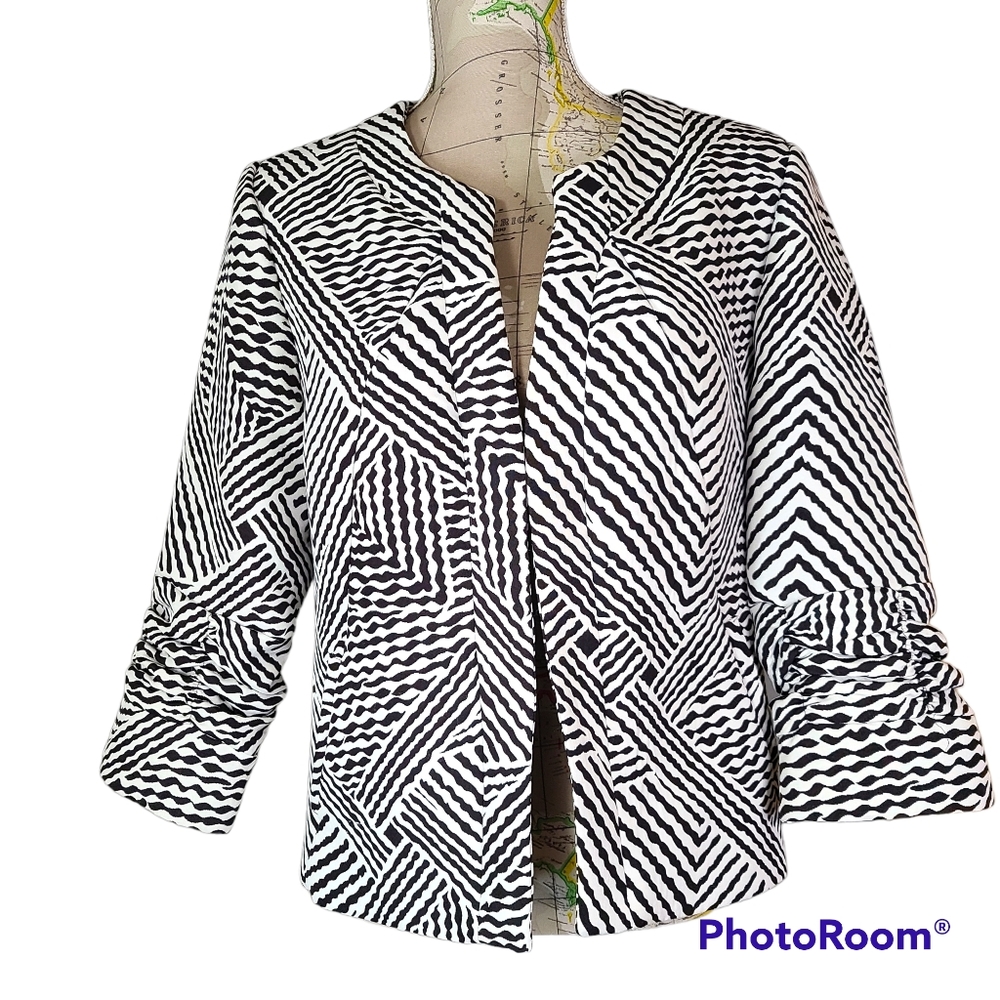 VINTAGE TRENZ by Theresa Renz Open Front Blazer Black White Abstract Size Large